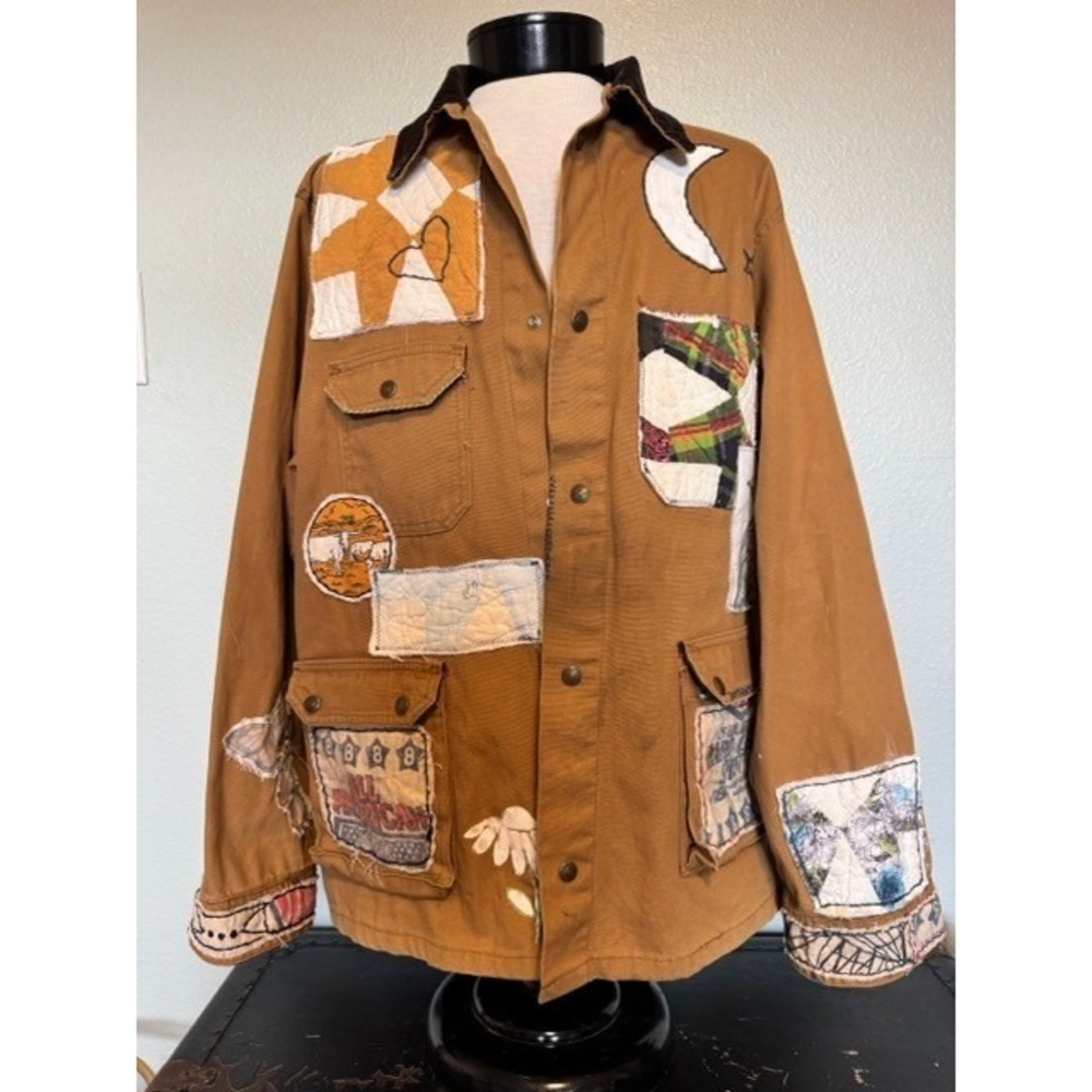 Custom Upcycled Quilt Patch Chore Jacket Brown Canvas Corduroy Collar One Size